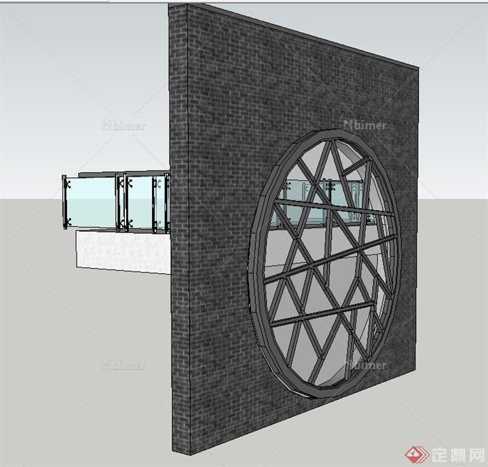 现代中式青砖镂空景墙设计SU模型