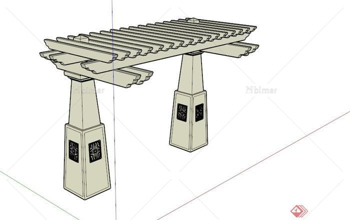 欧式石柱木顶简约廊架设计SU模型[原创]