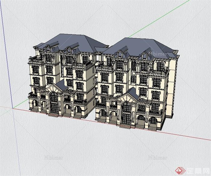 欧式风格多层精致小区住宅楼建筑设计SU模型[原创