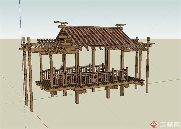 某现代中式风格全木质水榭廊亭组合设计su模型[原