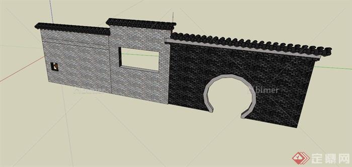中式拱门景墙围墙设计SU模型