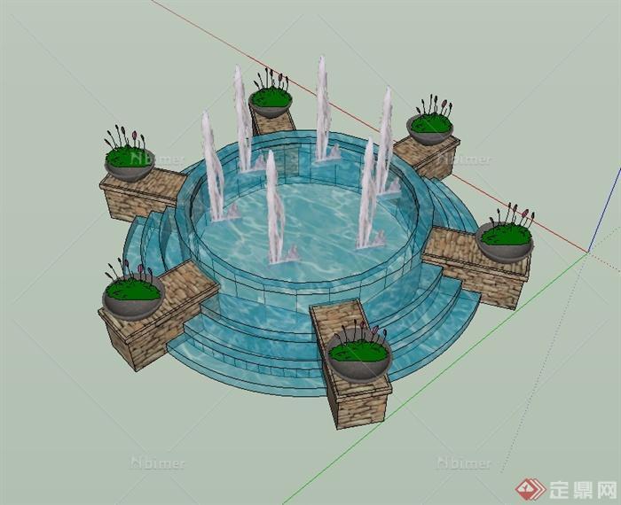 某现代风格喷泉水池设计su模型[原创]