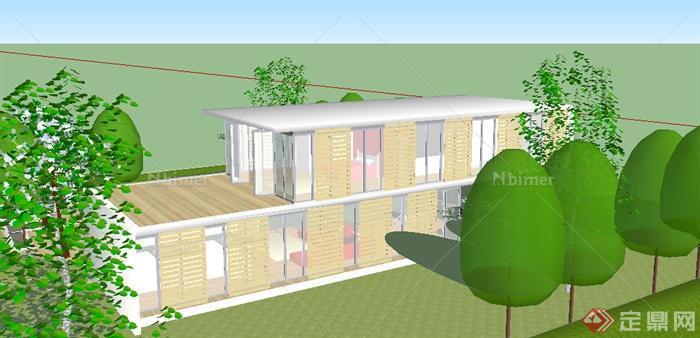 某2层小别墅设计SU模型素材（含庭院）