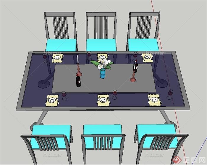 某室内六人长方形餐桌椅设计SU模型