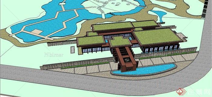 某精美现代中式风格滨水会所建筑设计SU模型[原创