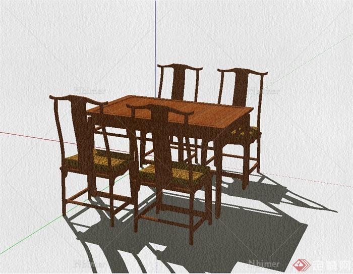 中式风格四人餐桌椅设计su模型[原创]