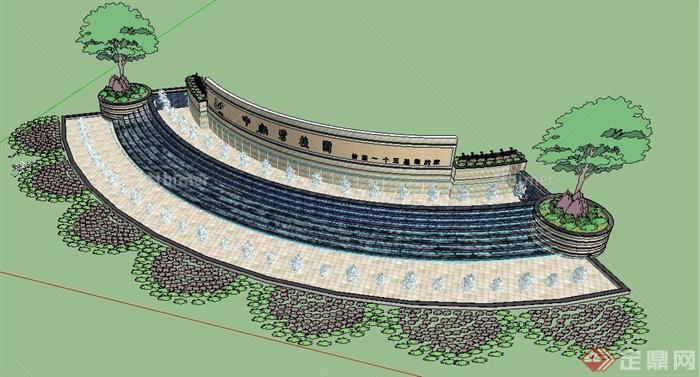 某小区入口水景标志墙su模型