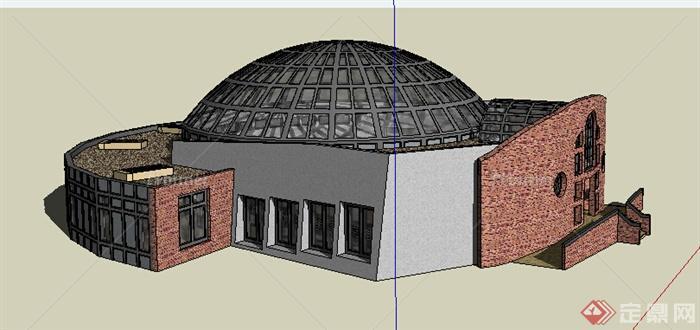 现代风格单层圆顶图书馆建筑设计su模型