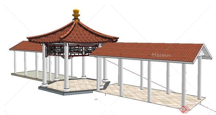 中式风格六角凉亭与长廊设计su模型