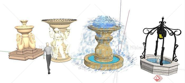 欧式喷泉水池、水井、水钵su模型[原创]