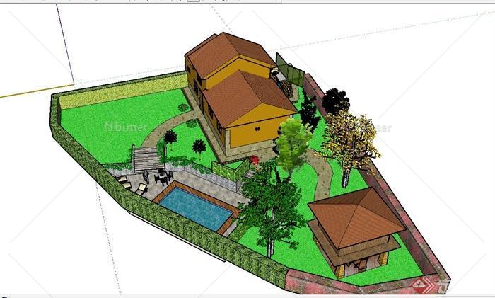 某欧式私人别墅建筑设计SU模型（带庭院）