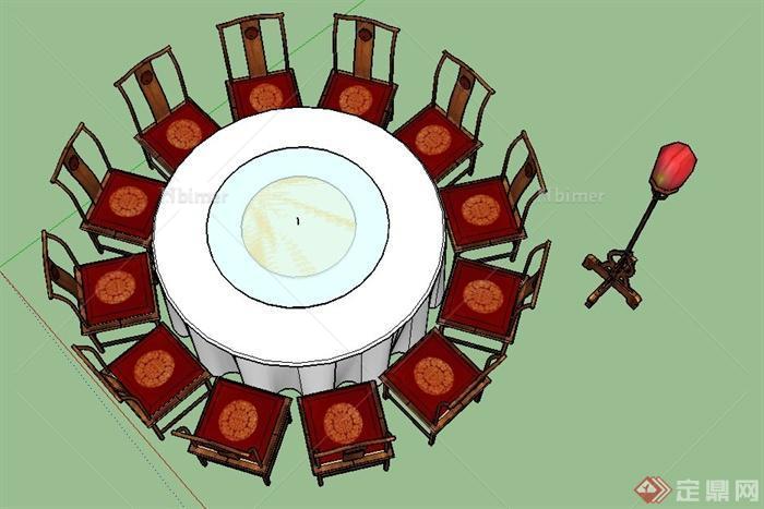 某古典中式圆形11人餐桌椅设计SU模型