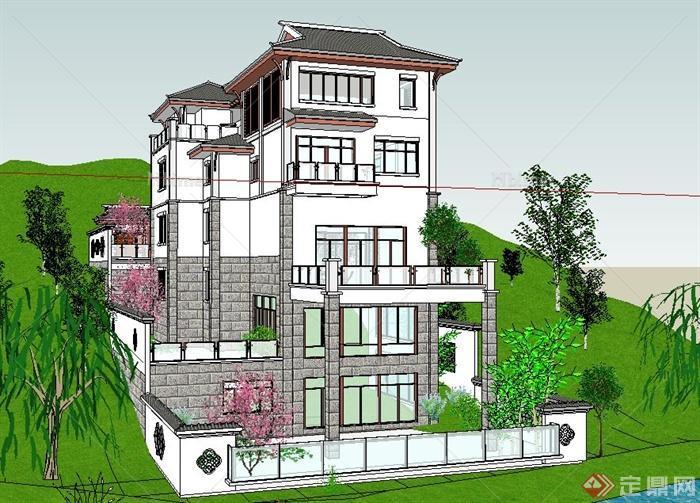 现代新中式山地别墅住宅建筑设计su模型[原创]