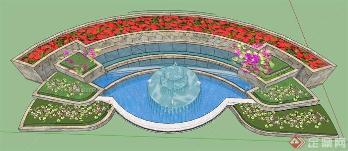 现代风格组合喷泉水景及花池su模型