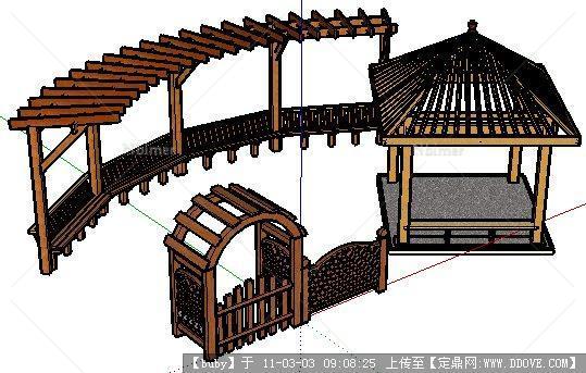 su模型-木质的围墙 园门 花架 亭