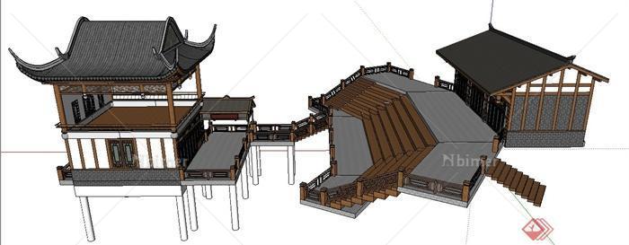 古典中式风格楼阁及戏台组合su模型