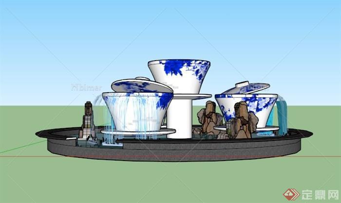 某现代中式茶杯喷泉水池SU模型