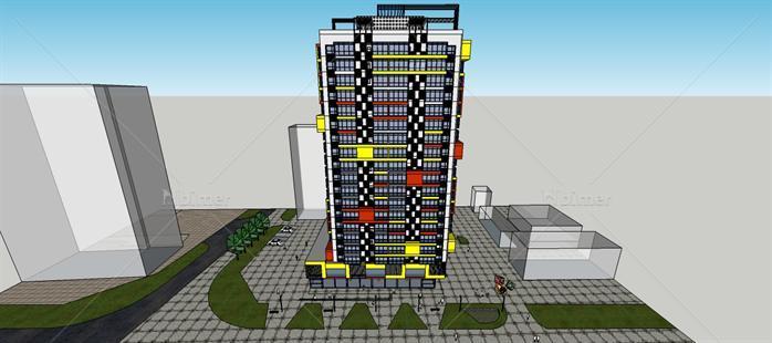 某青年风格底商住楼建筑设计su模型[原创]