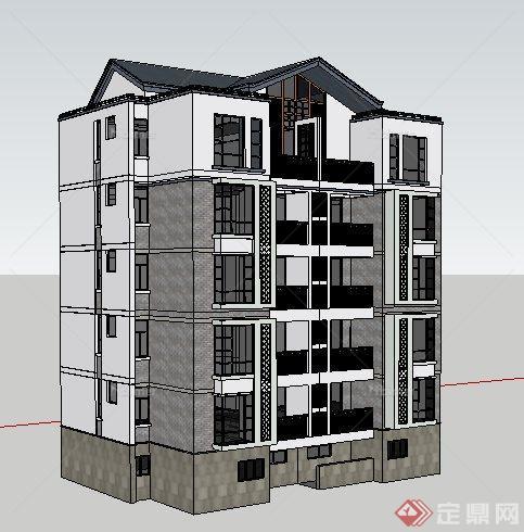 中式多层住宅楼建筑设计su模型[原创]