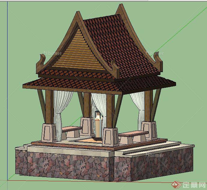 东南亚风格跌水水景及景观亭su模型