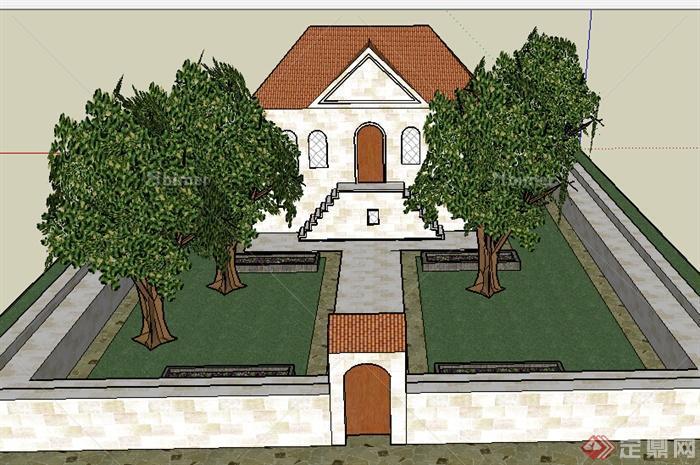 某室外别墅建筑设计SU模型（含庭院）