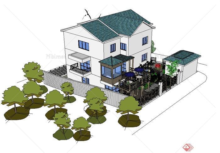 某美式风格详细精致别墅建筑与庭院设计SU模型[原