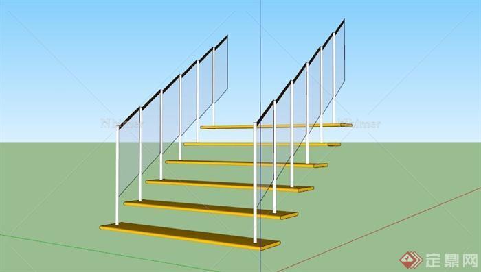 现代玻璃栏杆围栏黄色楼梯设计SU模型
