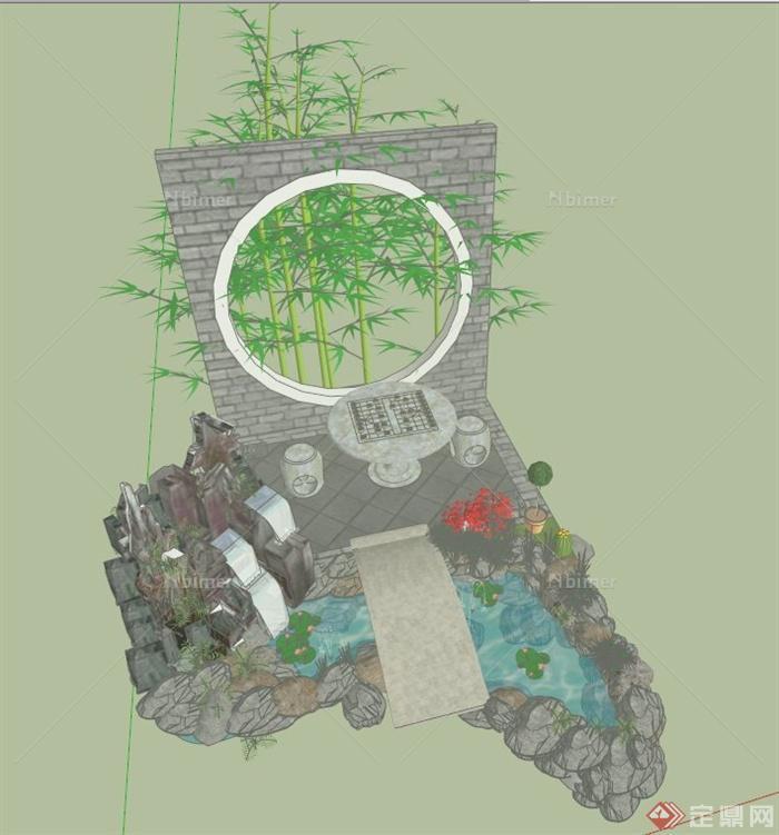 中式庭院组合水景设计SU模型