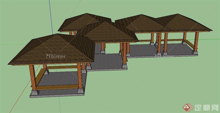 多个木质方形亭子组合设计SU模型