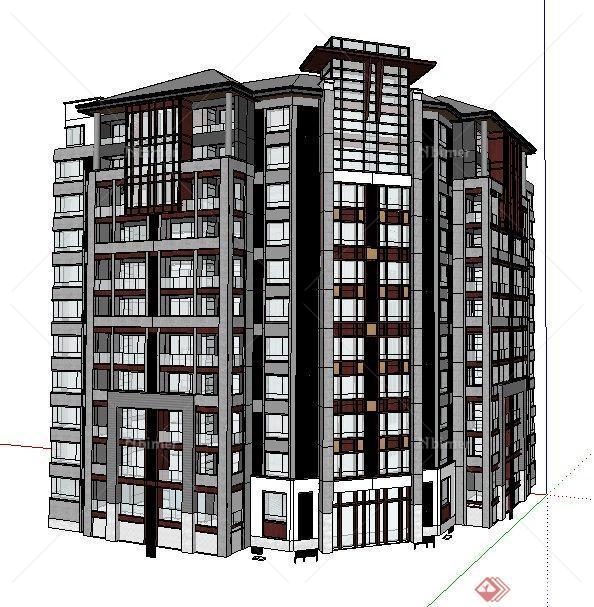 现代中式拼接公寓住宅楼建筑设计su模型