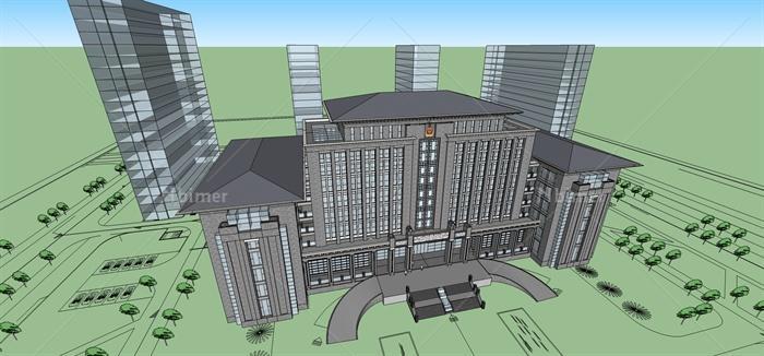 新中式行政办公楼建筑设计su模型[原创]
