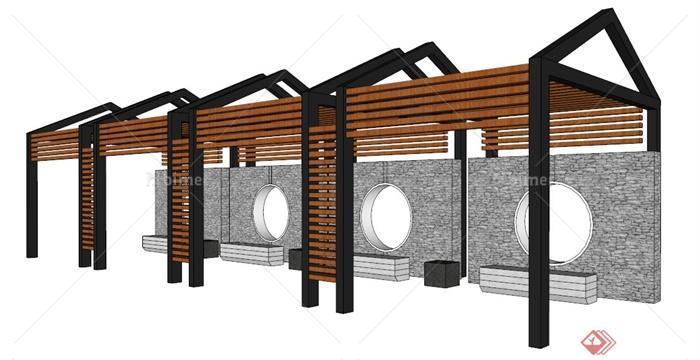 现代中式木板条廊架设计su模型