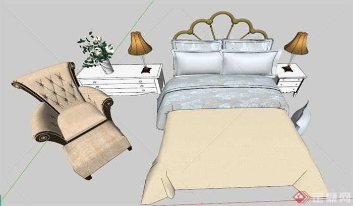 欧式风格双人床及沙发su模型