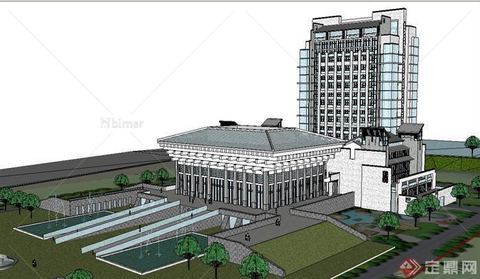 一个新中式风格台地酒店建筑方案SU精致设计模型