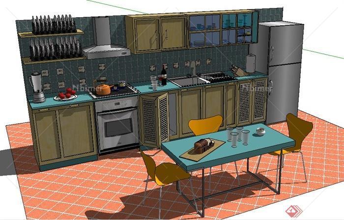 室内设计厨房橱柜及餐桌椅su模型