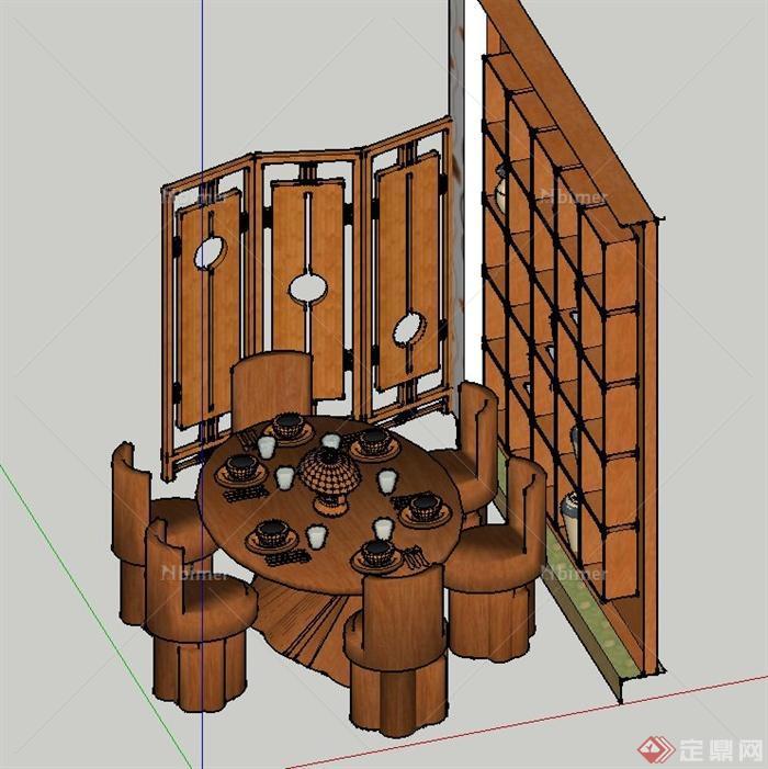 室内木质桌椅、屏风、置物架等组合设计SU模型