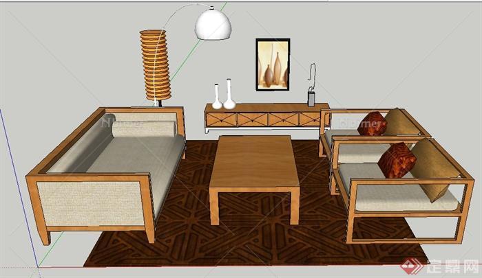 客厅简约中式风格沙发茶几组合su模型
