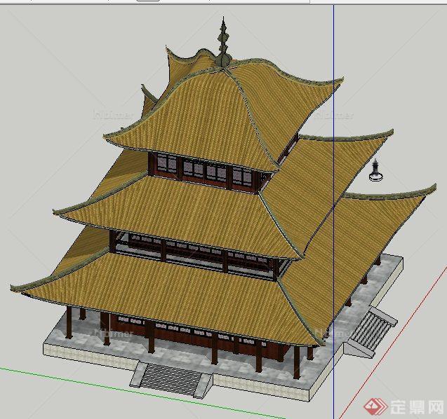 中式风格三层塔楼设计su模型