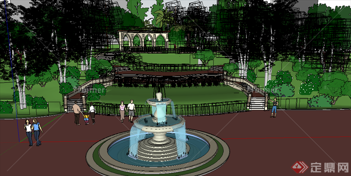某现代风格居住区喷泉水景景观设计SU模型素材