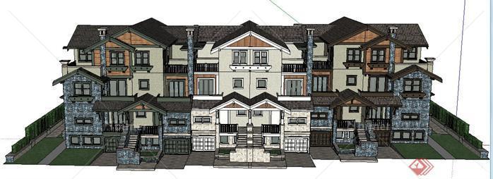 某新中式三拼别墅建筑设计SU模型