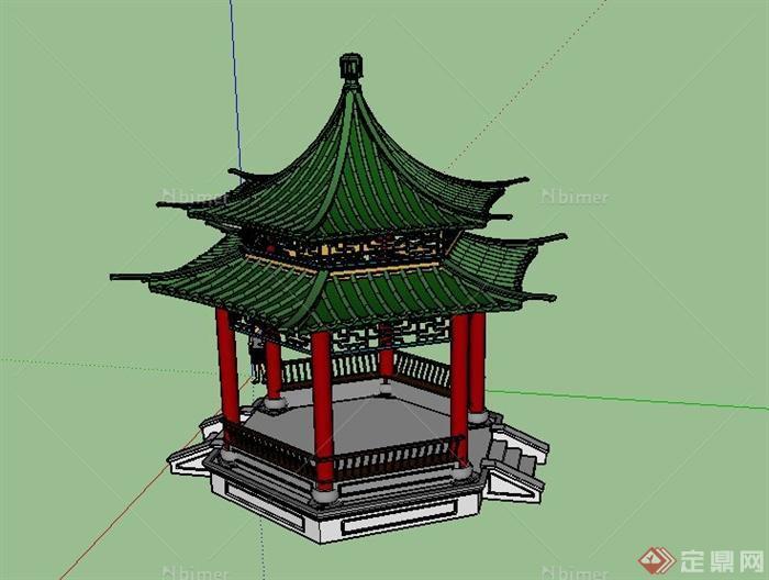 古典中式双塔六角亭设计SU模型
