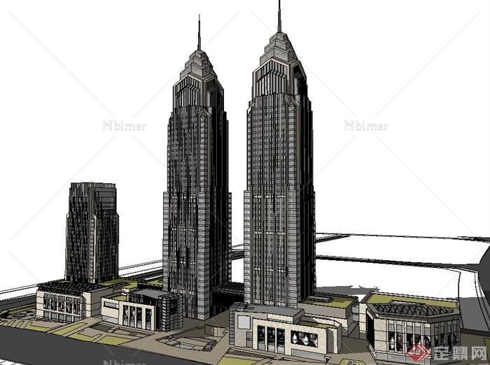 现代某两栋超高层酒店办公楼建筑设计SU模型[原创