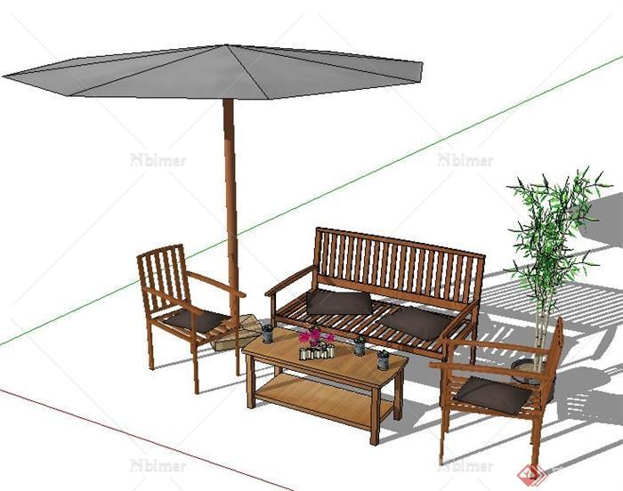 中式风格庭院沙发茶几及遮阳伞su模型