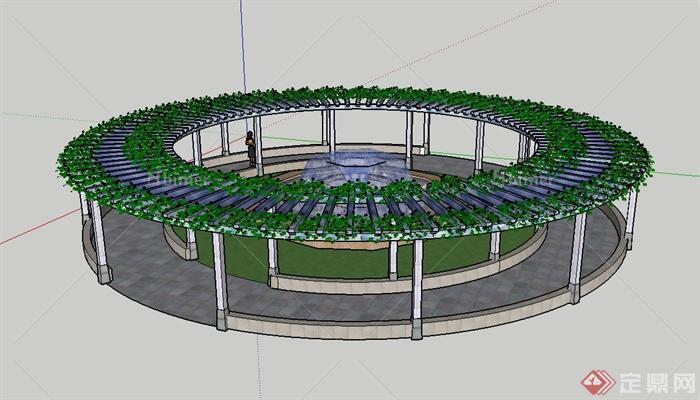 圆形花架廊架设计su模型（含喷泉水池）