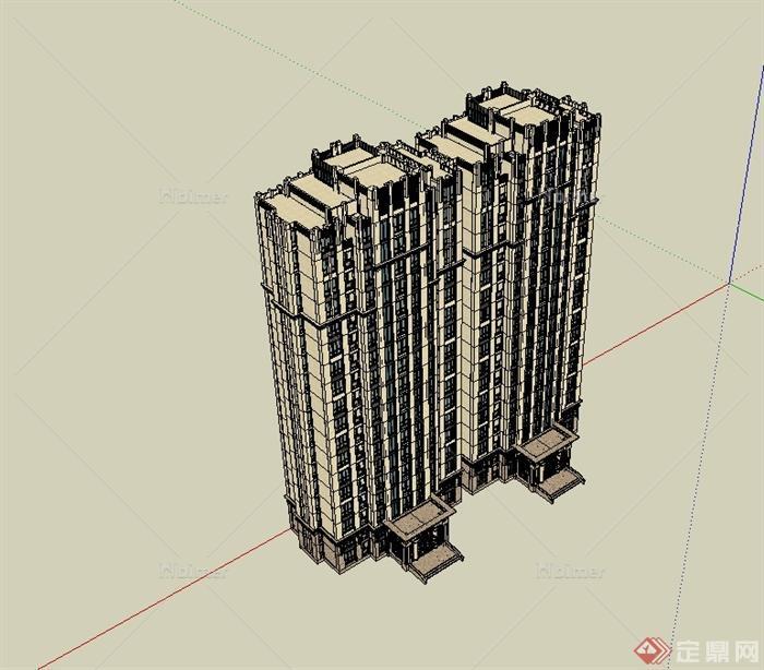 新古典风格精致详细高层住宅建筑楼设计SU模型[原