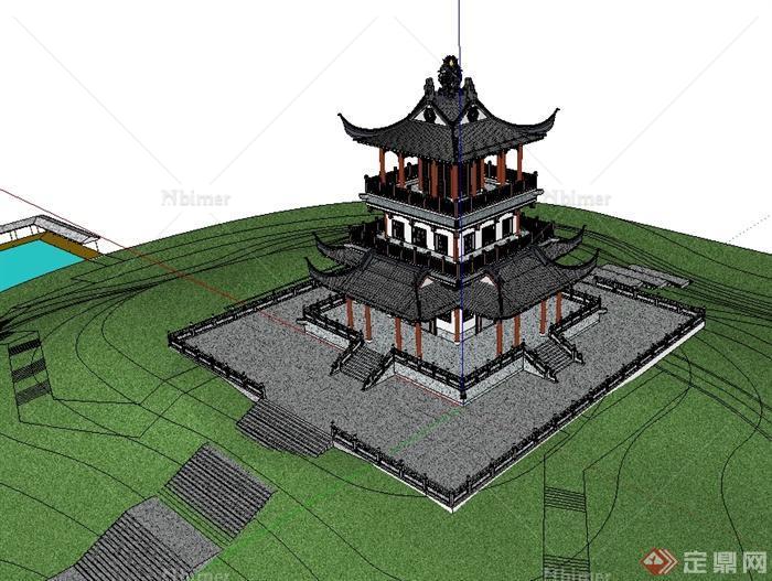 中国古典中式风格观景塔楼建筑设计su模型[原创]