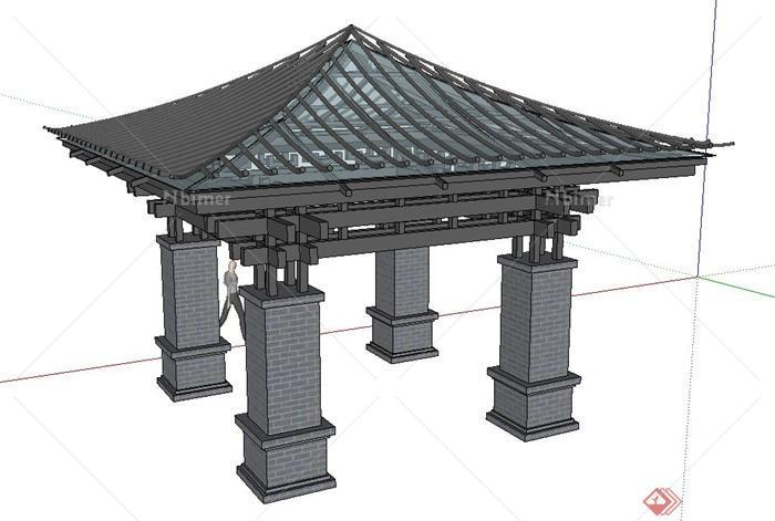 中式玻璃方形凉亭设计SU模型