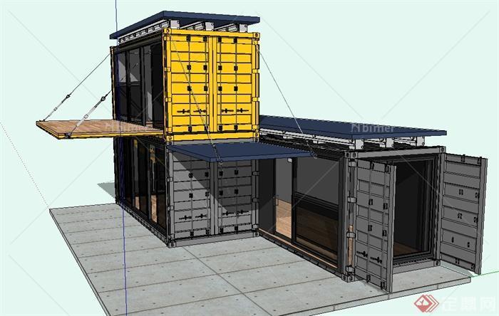 现代某两层集装箱式住宅建筑SU设计模型[原创]