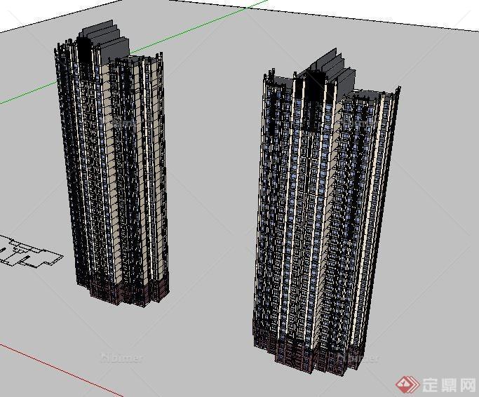 两栋高层新古典住宅楼建筑设计su模型[原创]