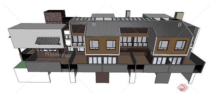 现代中式两层联排别墅建筑设计SU模型